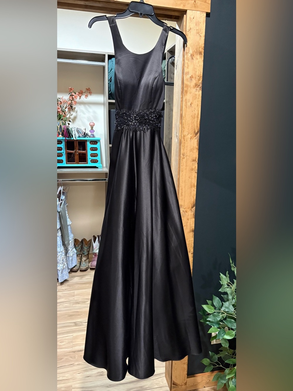 City Studio Black Beaded Waist A-Line Prom Dress
